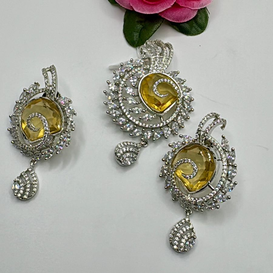 Yellow American Diamonds Designer Inspired Pendant Set With Chain