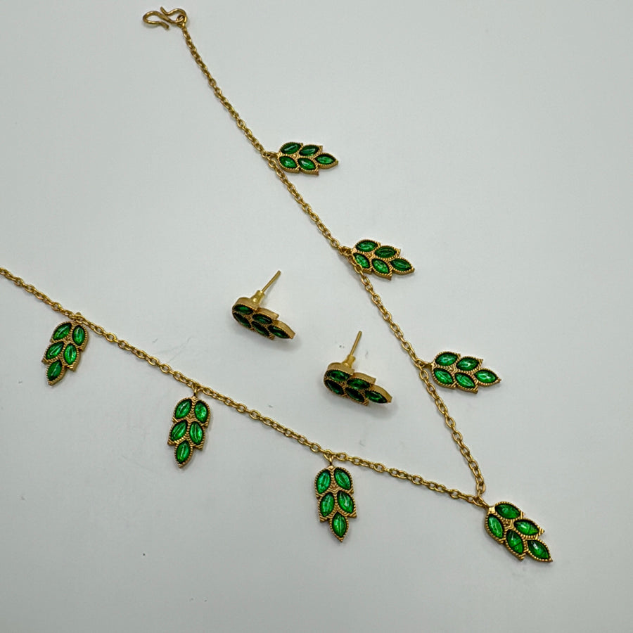 Green Dainty Leaves Necklace Set