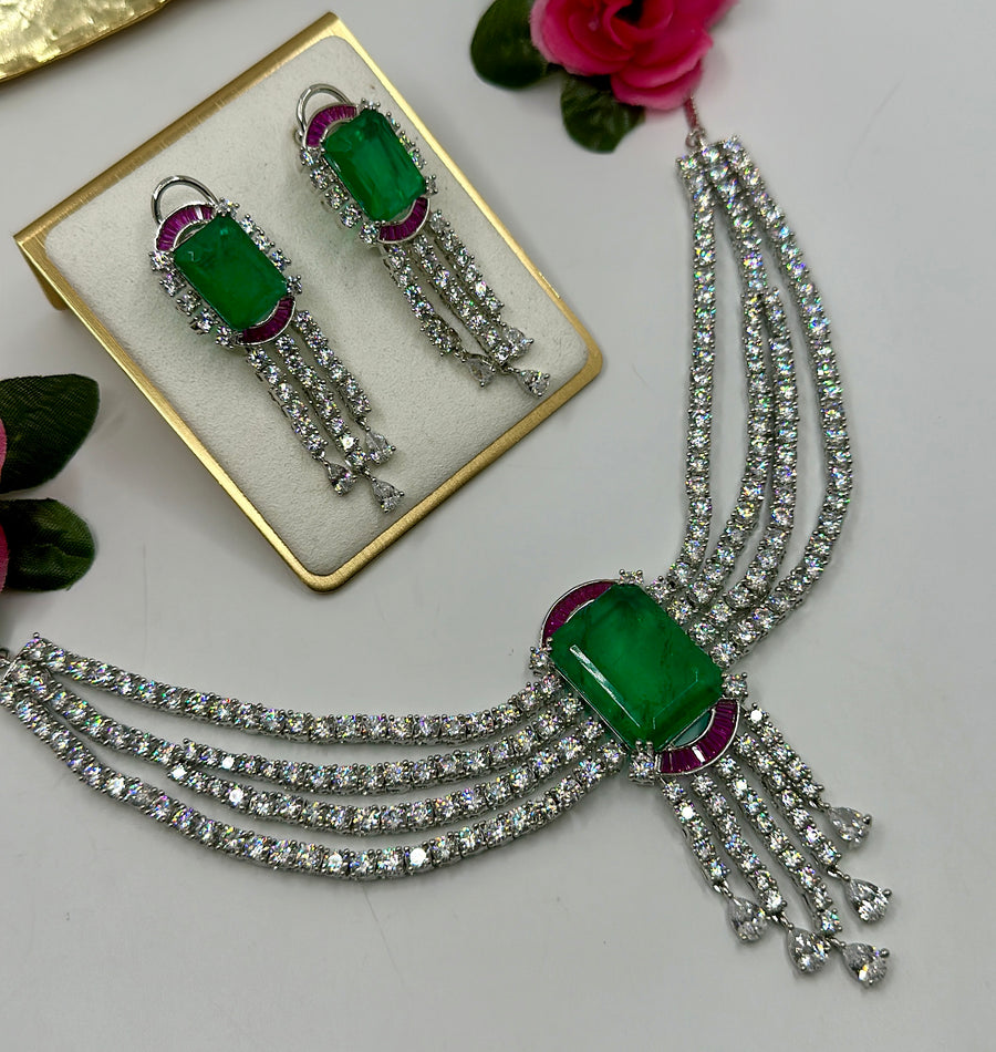 Green And Ruby American Diamonds Necklace Set