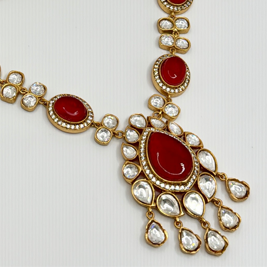 Red Doublets Moissanite Kundan Dainty Necklace Set