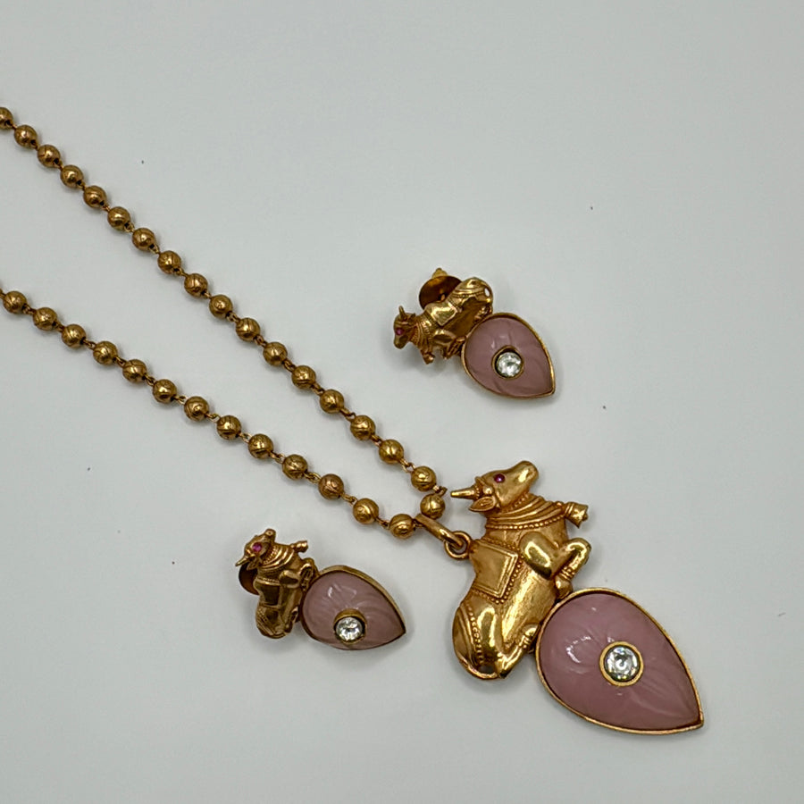 Pink Silver Lookalike Polish Gold Nandi Pendant Set