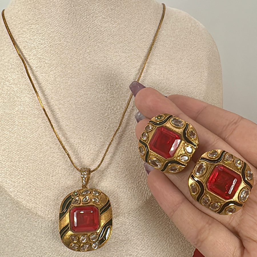 Red Doublet Enamel Pendant Necklace Set