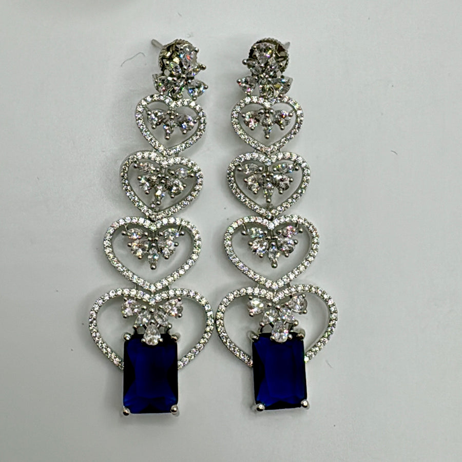 Blue Heart Shape American Diamond Long Earrings