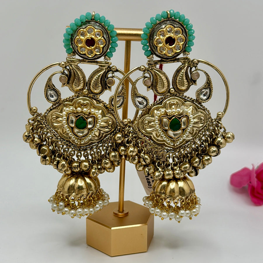 Blue & Green Antique Gold Ghungroo Jhumka