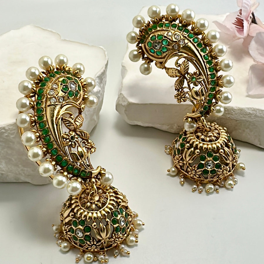 Green Antique Gold Kundan Cuff Jhumka Earrings