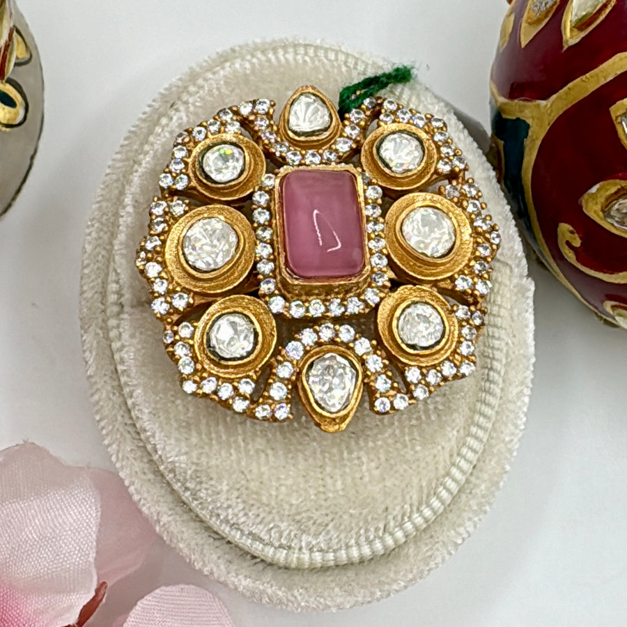 Pink Doublet & Moissanite Kundan Finish Adjustable Finger Ring