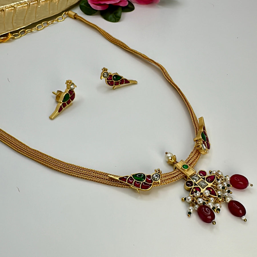 Ruby Gold Lookalike Paachi Motif Necklace Set