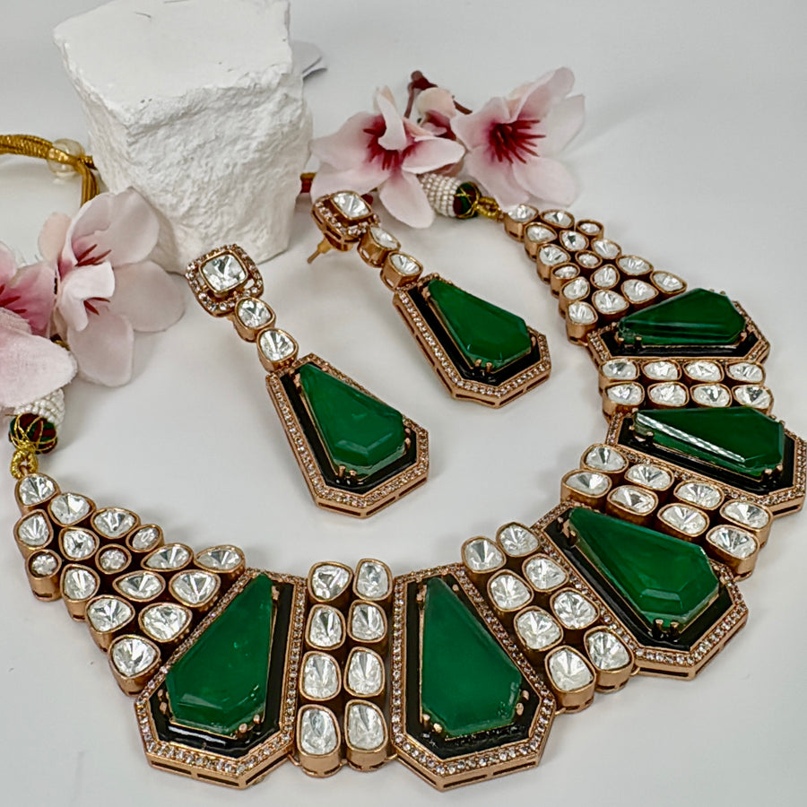 Green Doublet & Moissanite Statement Necklace Set