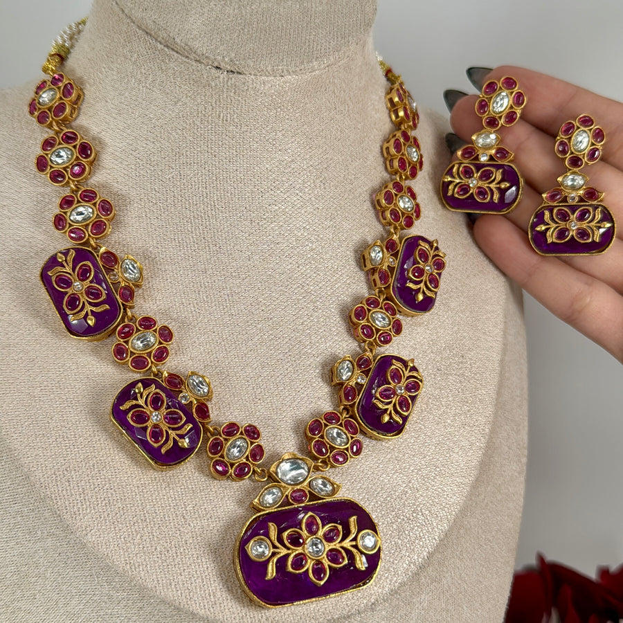 Purple Doublet Glass Stone With Inlay Work Necklace Set