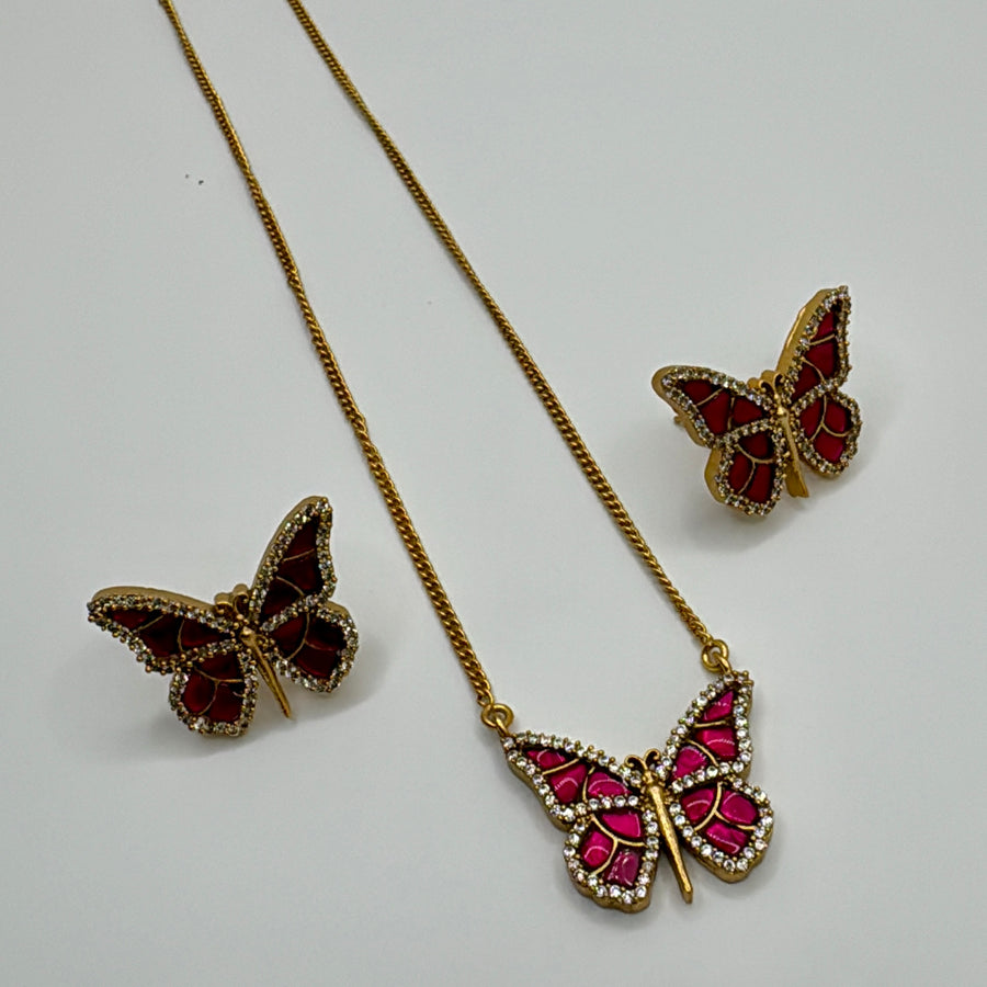 Ruby Moissanite  Butterfly Pendant Set