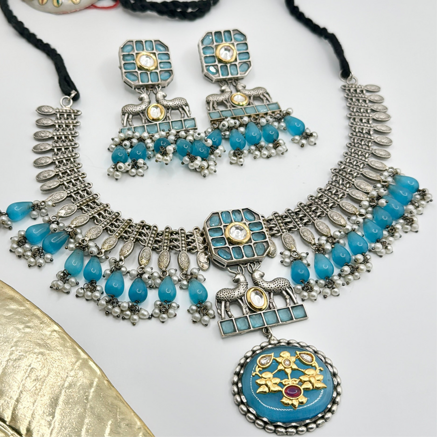 Turquoise Silver Lookalike Necklace Set