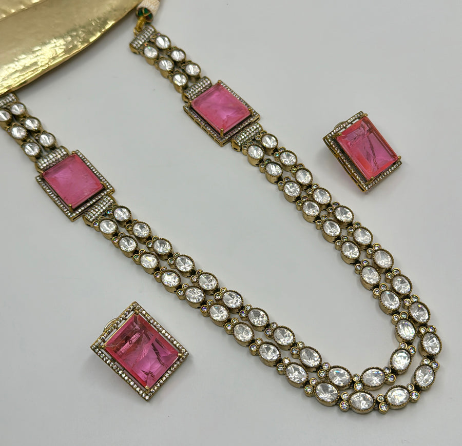 Pink Moissanite Doublet Long Necklace Set