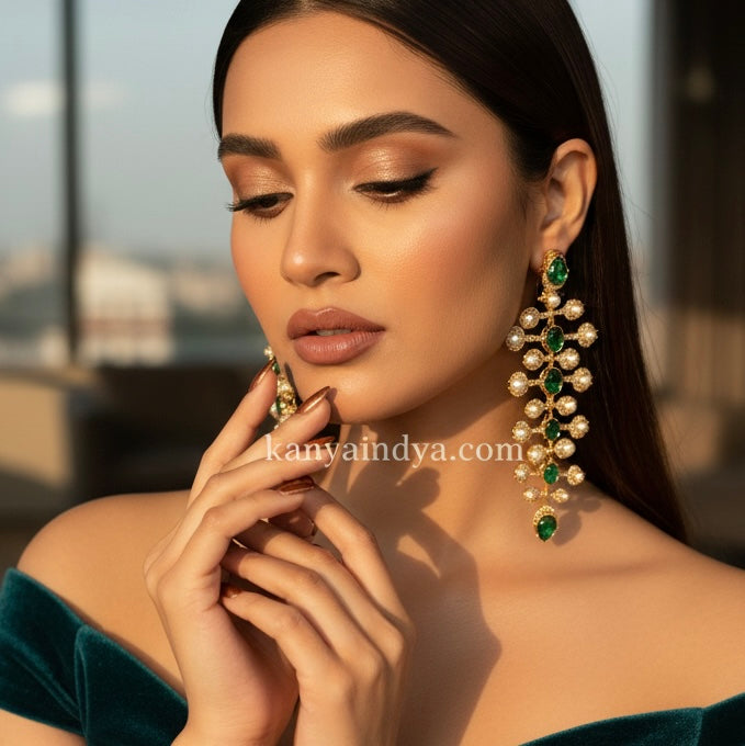 Green Doublet & Pearl Lightweight Statement Earrings (Approx. Length 4 Inches)