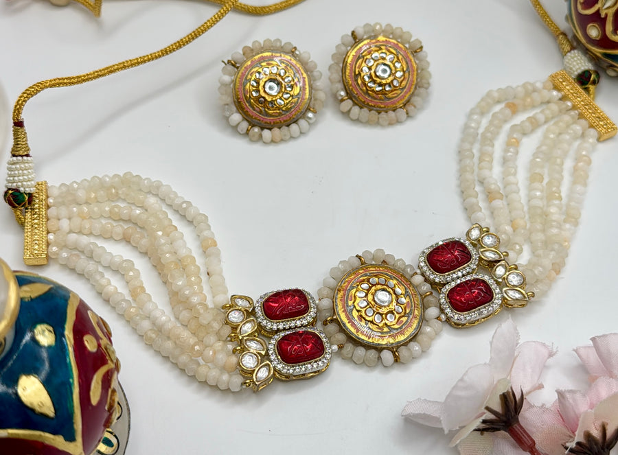 Ruby Red & White Meenakari Choker Set