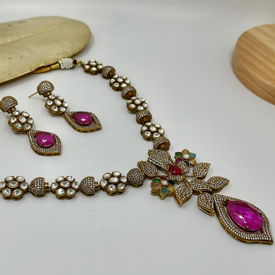 Hot Pink Moissanite Kundan Necklace Set