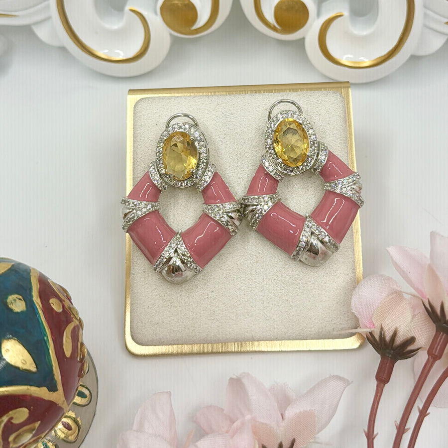 Yellow Swarovski & Pink Enamel Meenakari Earrings