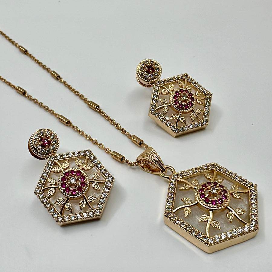 Ruby MOP & American Diamonds Pentagon Pendant Set