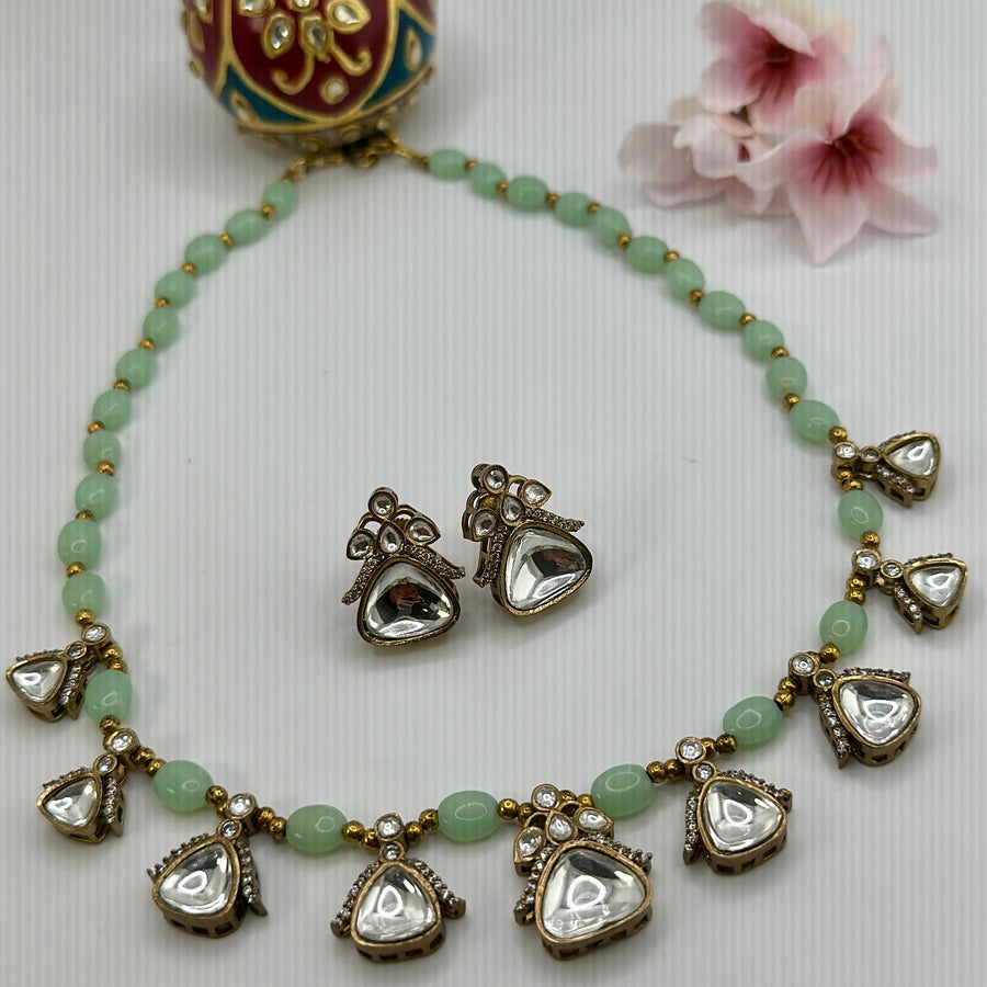 Mint Dainty Kundan Necklace Set