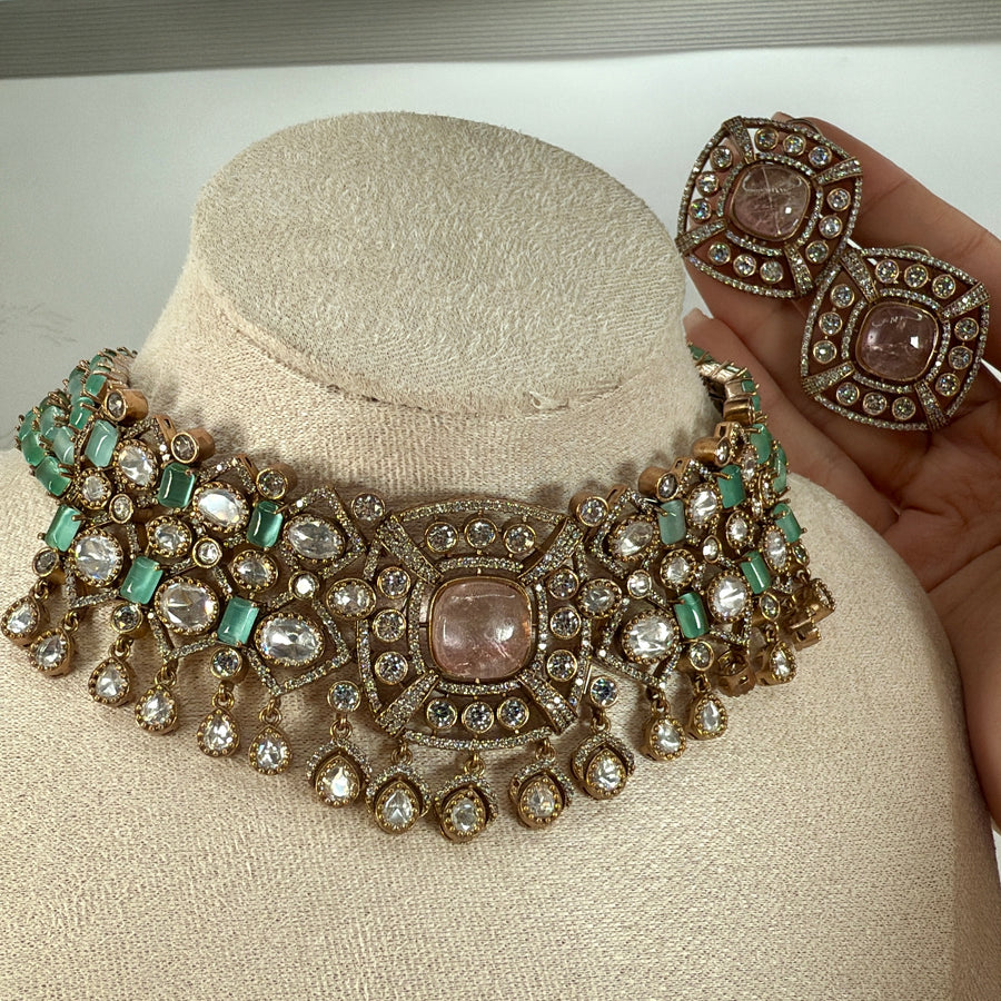 Pink Doublet & Mint Invisible Setting Moissanite Choker Necklace Set