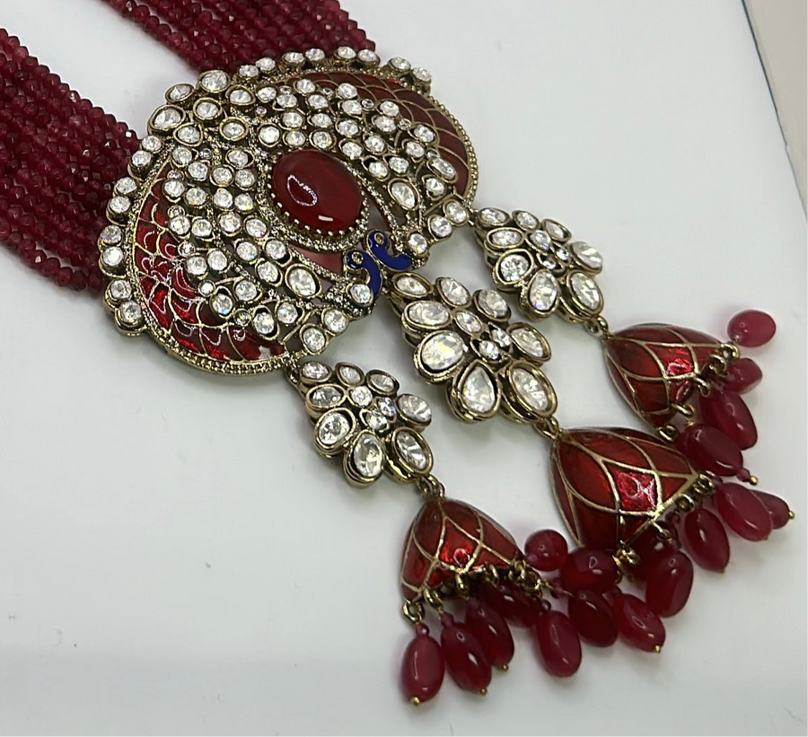 Ruby Red Moissanite and Minakari Long Necklace Mala Set