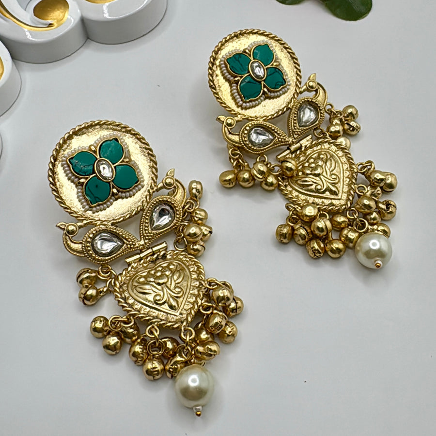 Turquoise Silver Lookalike Gold Paachi Earrings