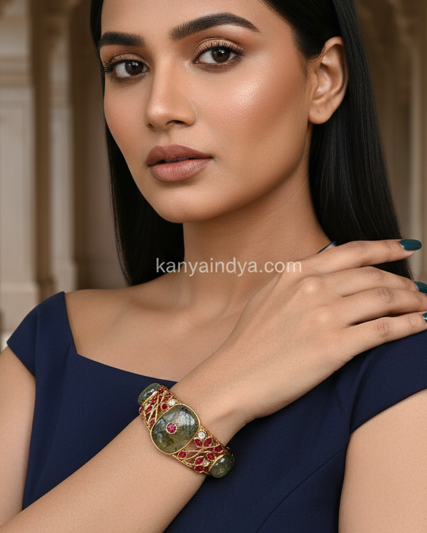 Green Marble Stone & Ruby Paachi Openable Bangle(Fits Size 2.2-2.6)