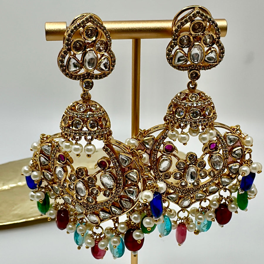 Multi Moissanite Kundan Statement Chand Bali Earrings