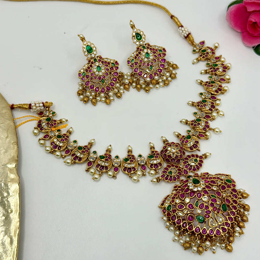 Ruby & Green Antique Gold Temple Inspired Necklace Set