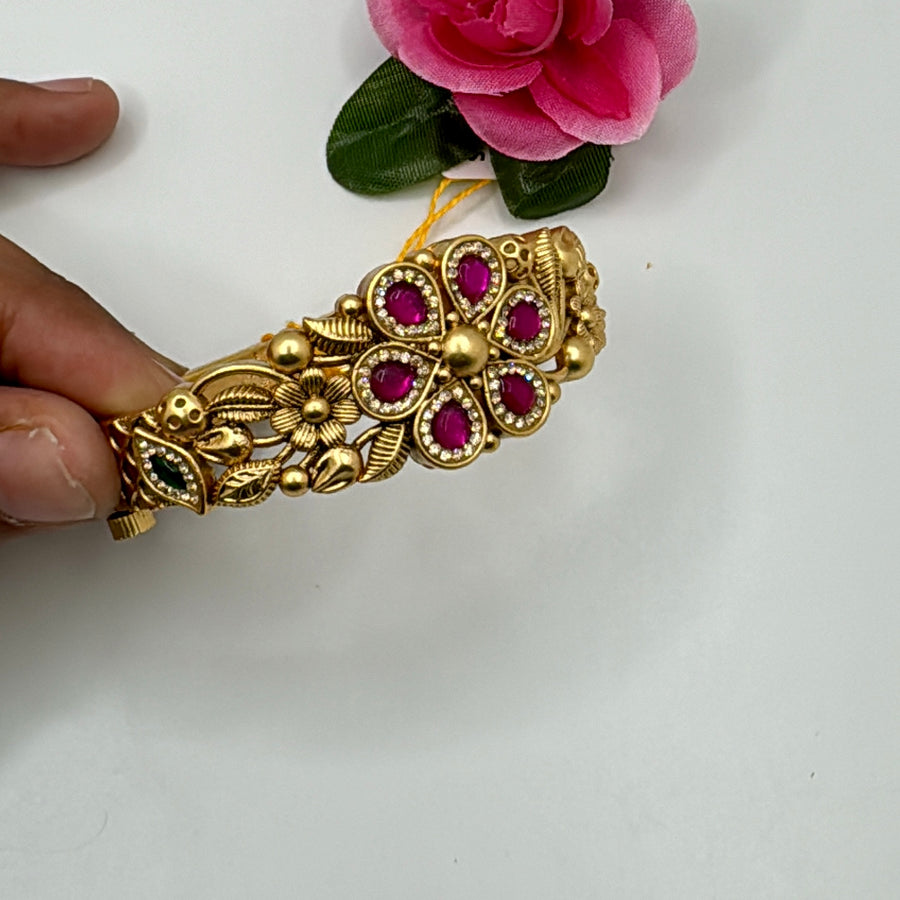 Hot Pink Antique Gold Ruby Flower Kundan Bracelet (Openable Size 2.2-2.6)