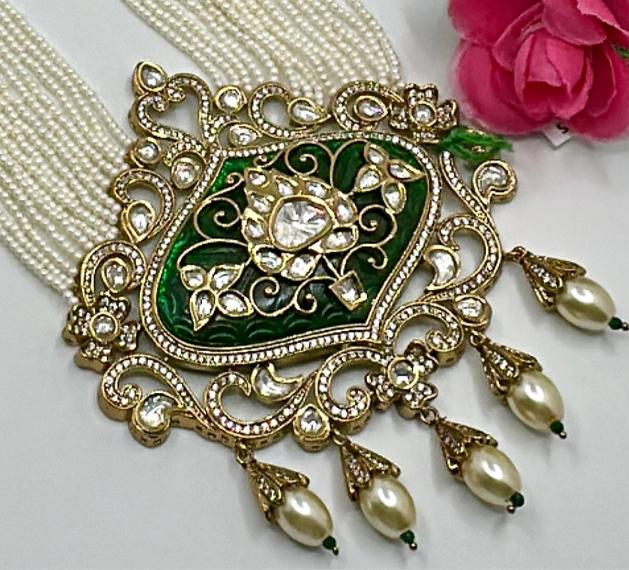 Green Inlay Glass Stone Work Pearl Long Necklace Set