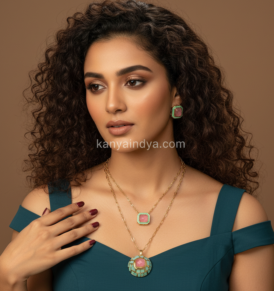 Pink Mint Jadau Two Layer Pendant Necklace Set
