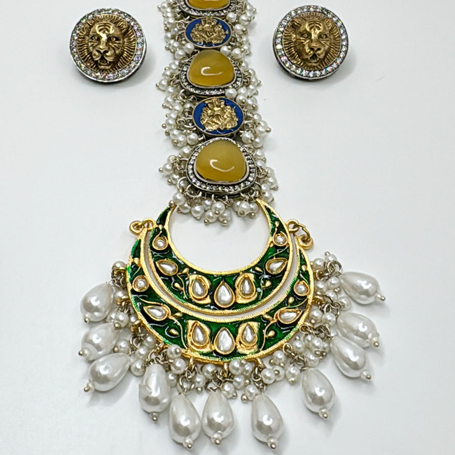 Yellow & Green Kundan Sabya Inspired Silver Lookalike Fusion Tie Necklace Set