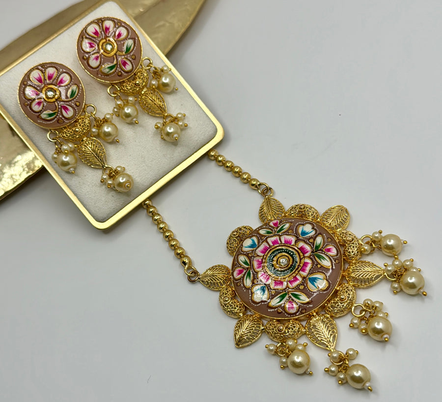 Pink Turquoise Tanjore Flower Pendant Set