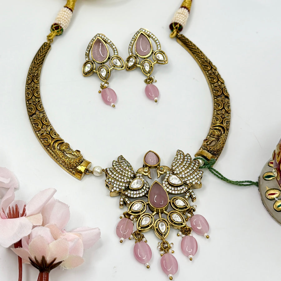 Pink Victorian Antique Gold Hasli Necklace Set