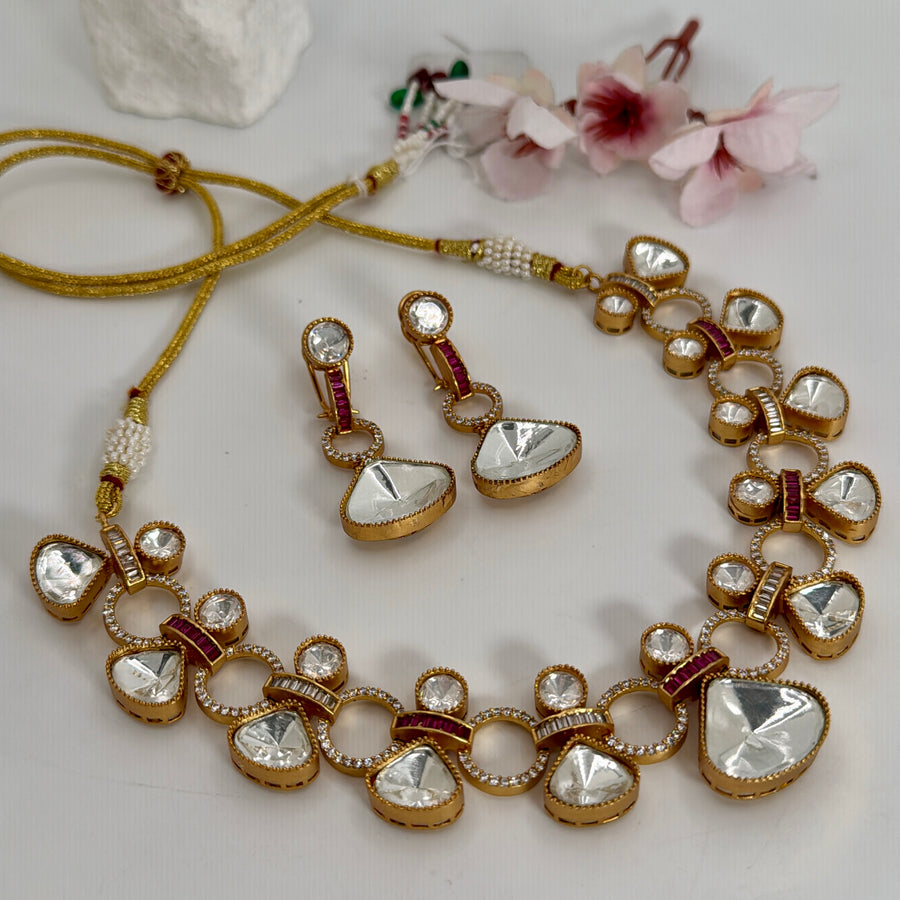 Ruby & Clear Moissanite Kundan Necklace Set