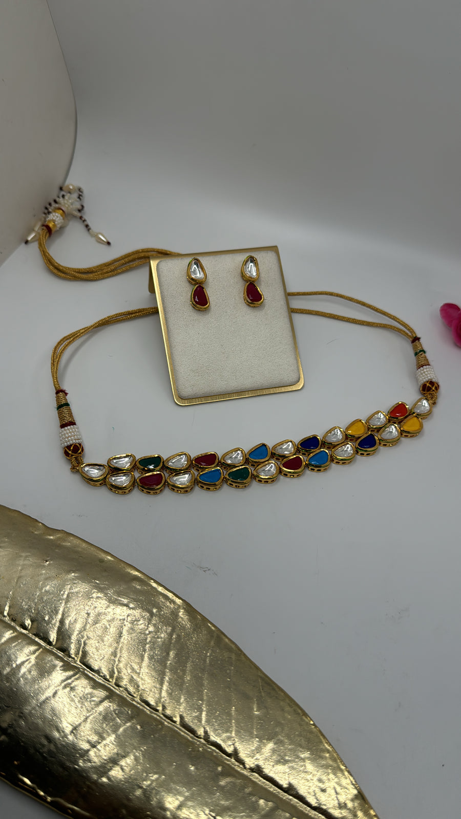 Multi Navratan Dainty Kundan Choker Necklace Set