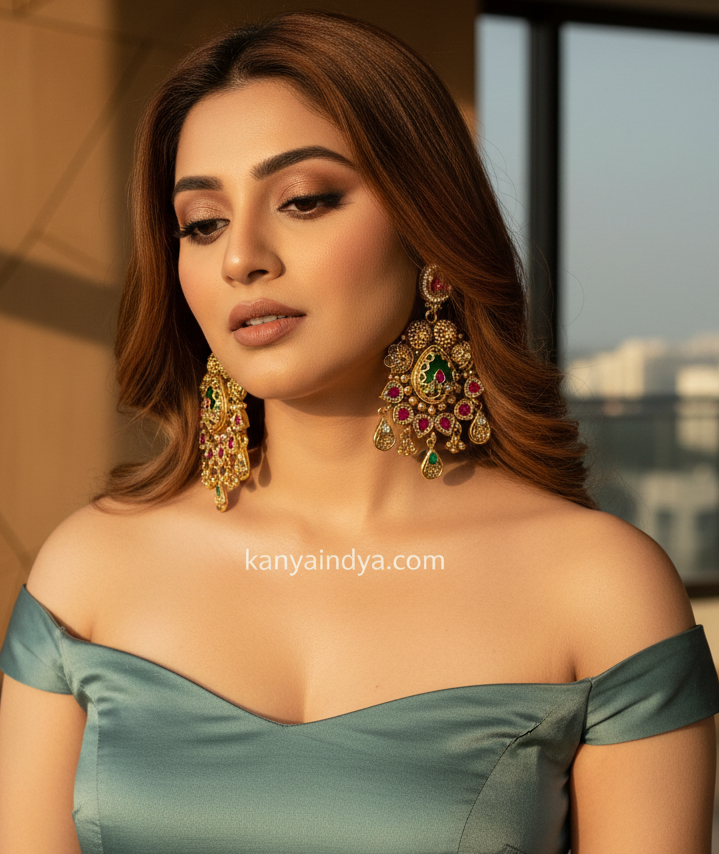 Green Ruby Antique Gold Earrings