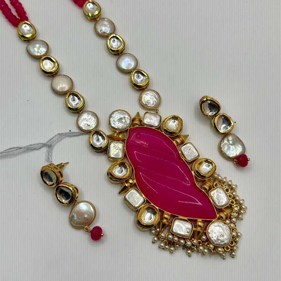 Hot Pink Ruby & Kundan Long Necklace Set