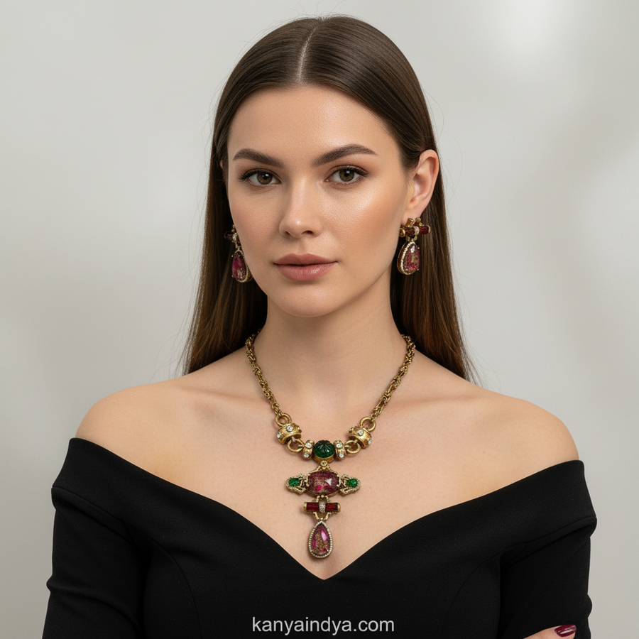 Ruby Multi Marble Doublet Silver Lookalike Gold Long Necklace Set