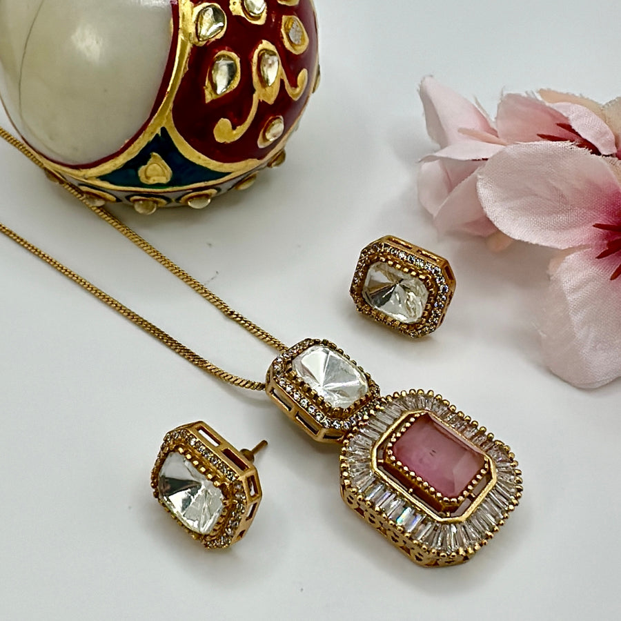 Pink Doublet & American Diamonds Pendant Set