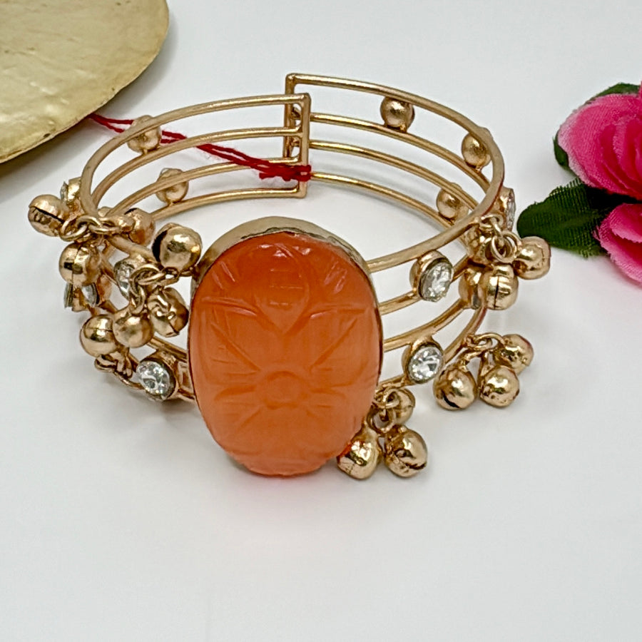 Orange Amrapali Stone Silver Lookalike Adjustable Bracelet Cuff With Kundan & Ghungroos