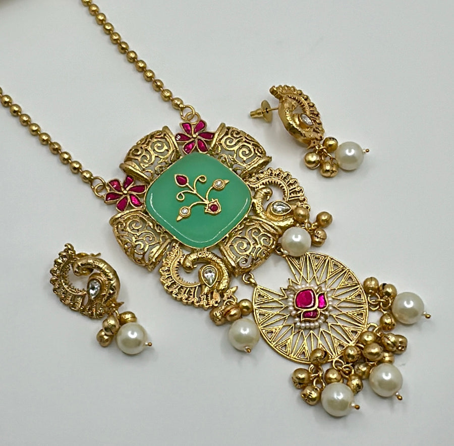 Mint 92.5 Gold Polish Silver Lookalike Ghungroo Long Necklace Set with Glass Stone & Inlay work