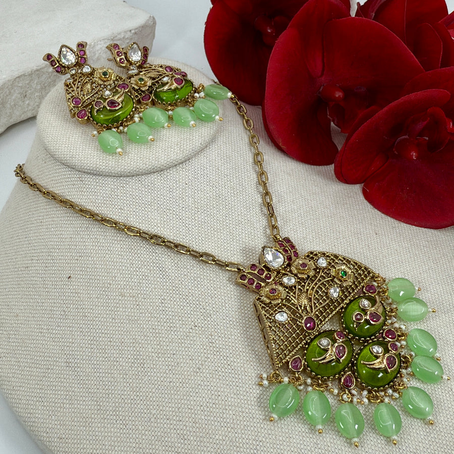 Green Glass Stone With Inlay Work Silver Lookalike Gold Pendant Necklace Set