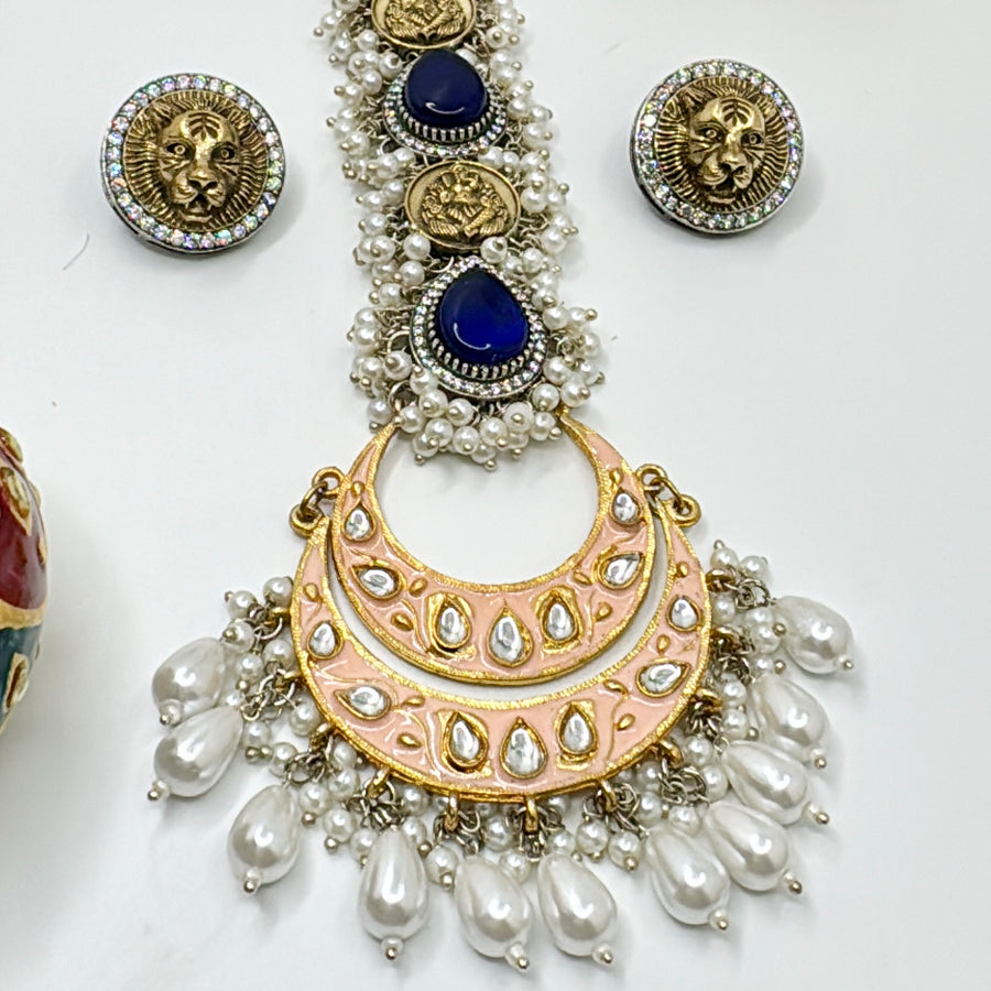 Blue & Pink Kundan Sabya Inspired Silver Lookalike Fusion Tie Necklace Set