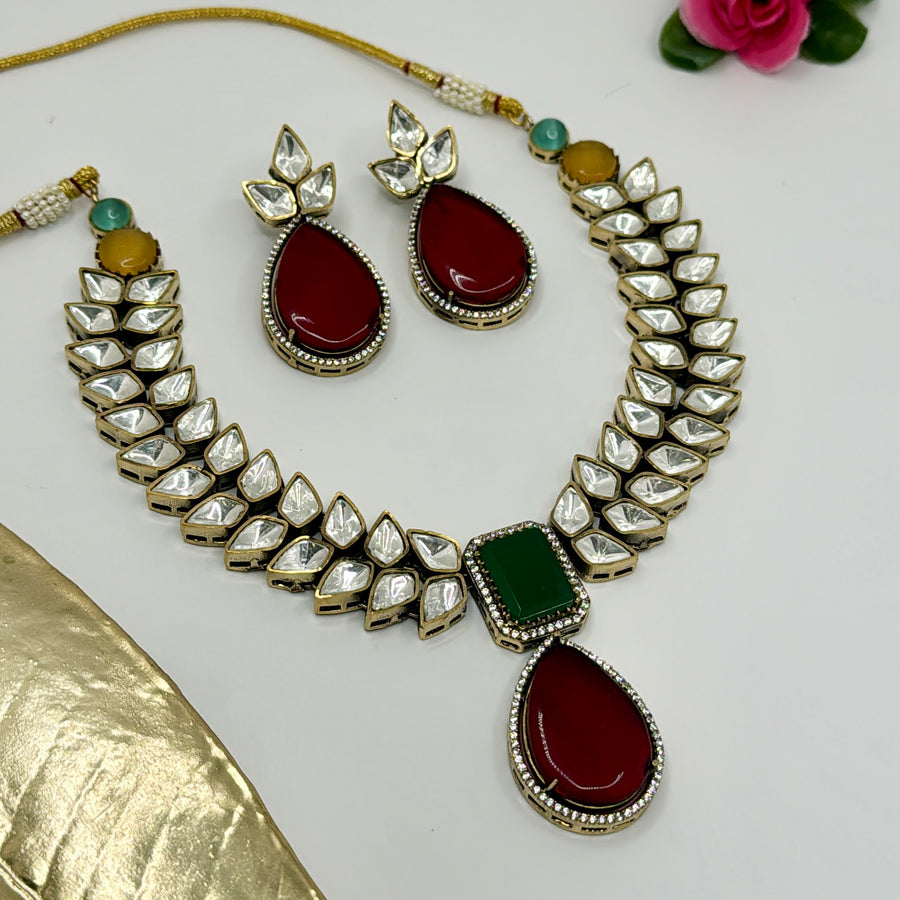 Green & Ruby Kundan Statement Necklace Set