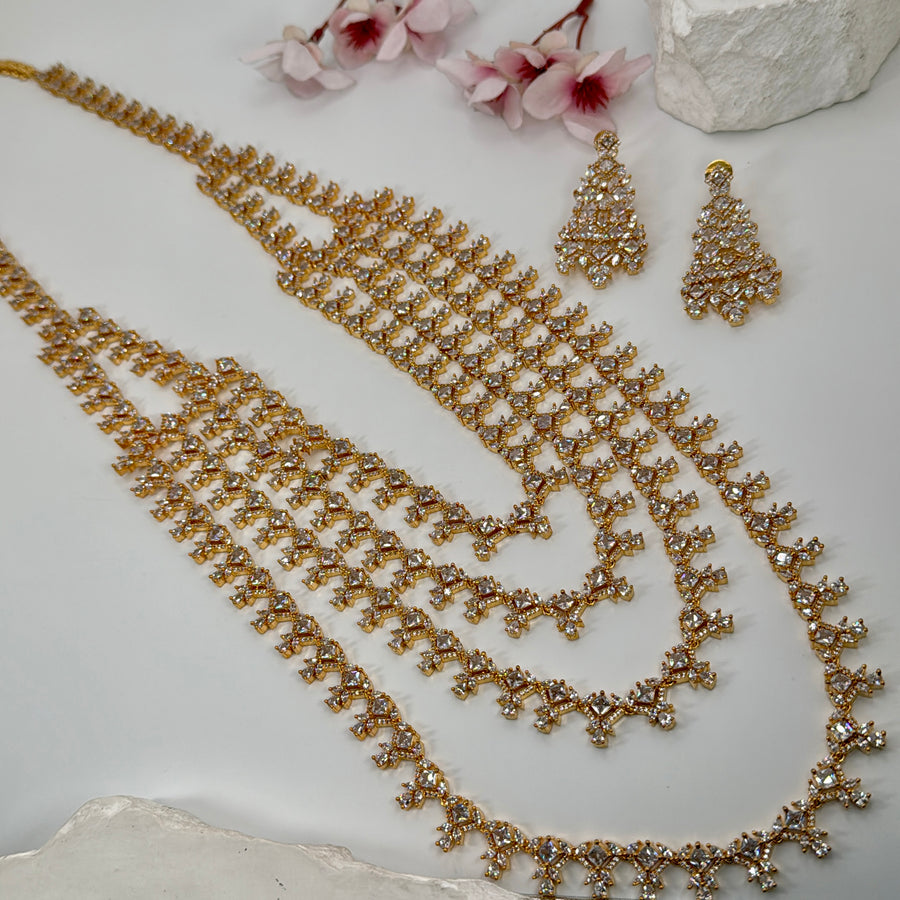 Clear Cubic Zirconia American Diamonds Gold Plated Four Layer Statement Long Necklace Set