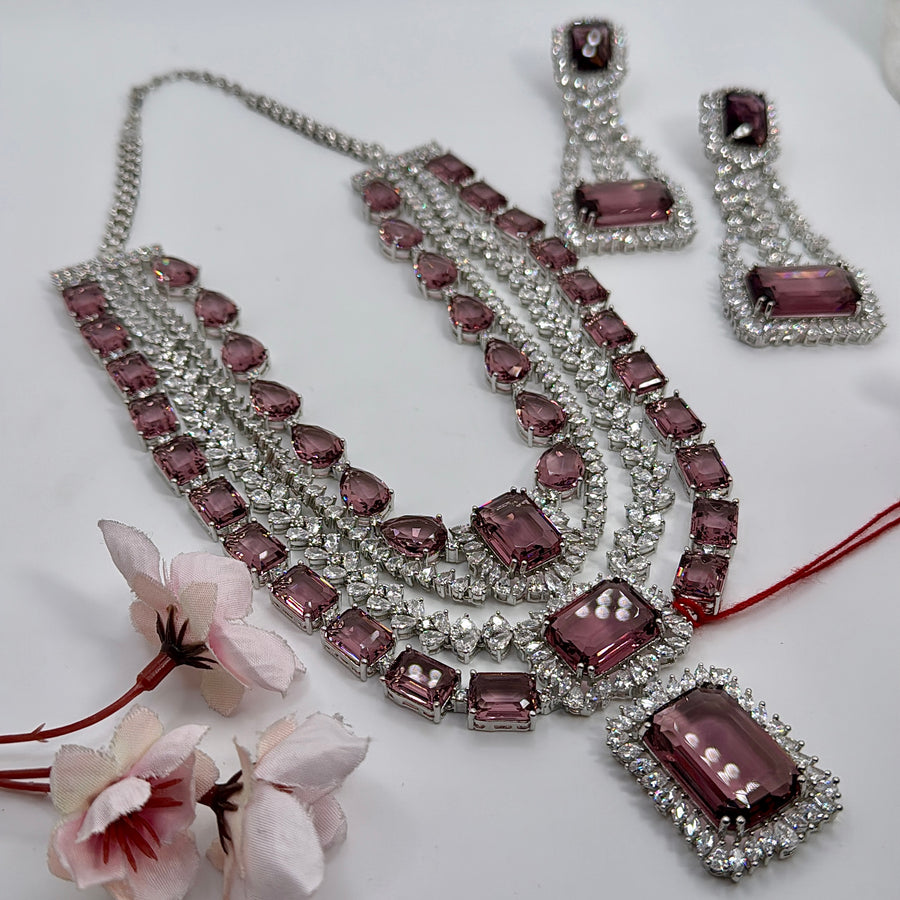 Ruby Three Layer American Diamonds & CZ Statement Necklace Set