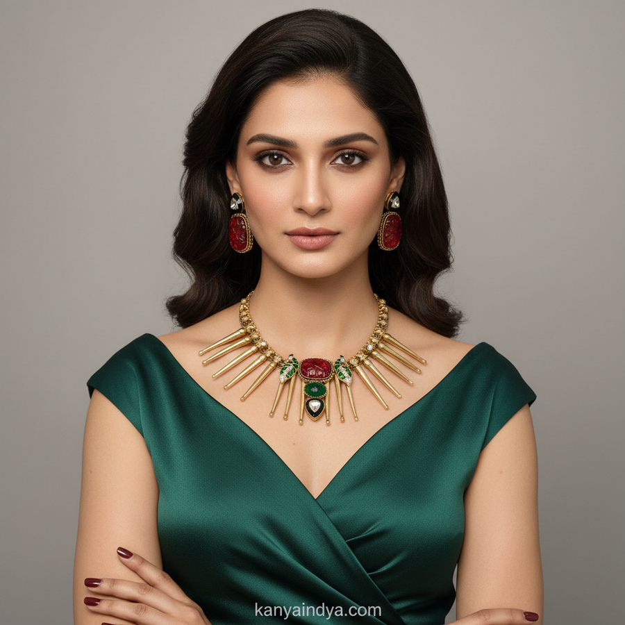 Red Multi Doublet Moissanite Silver Lookalike Gold Chic Necklace Set