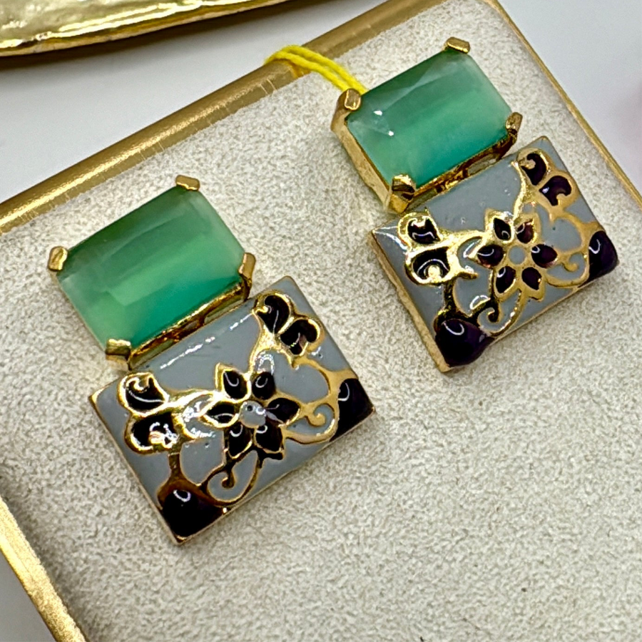 Mint Swarovski Crystal & Grey Meenakari Studs