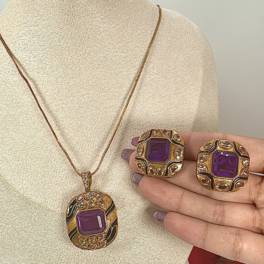 Purple Doublet Enamel Pendant Necklace Set